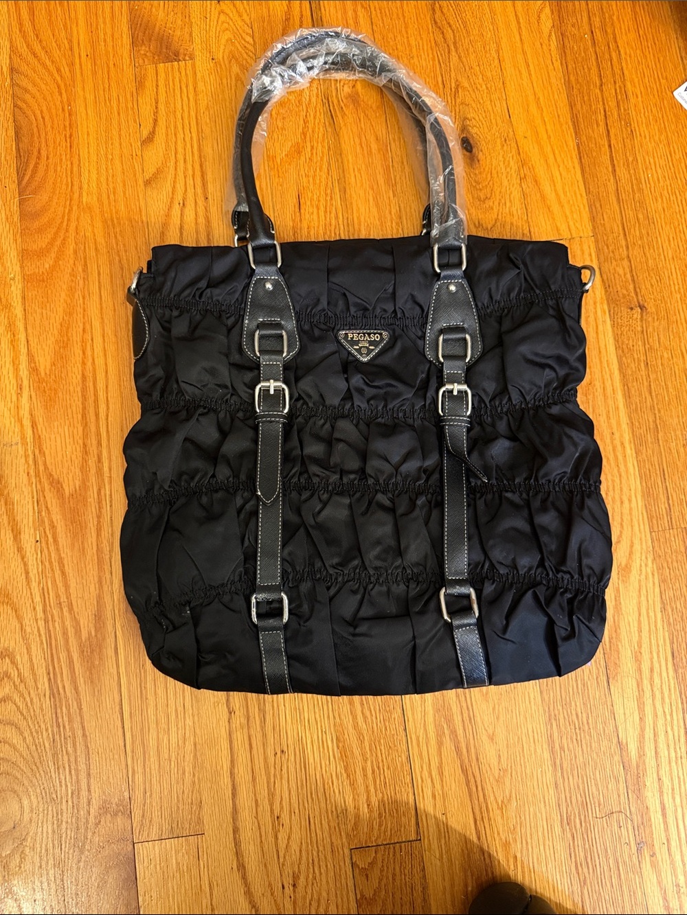 Black Ruffle Tote Bag with Buckle Straps